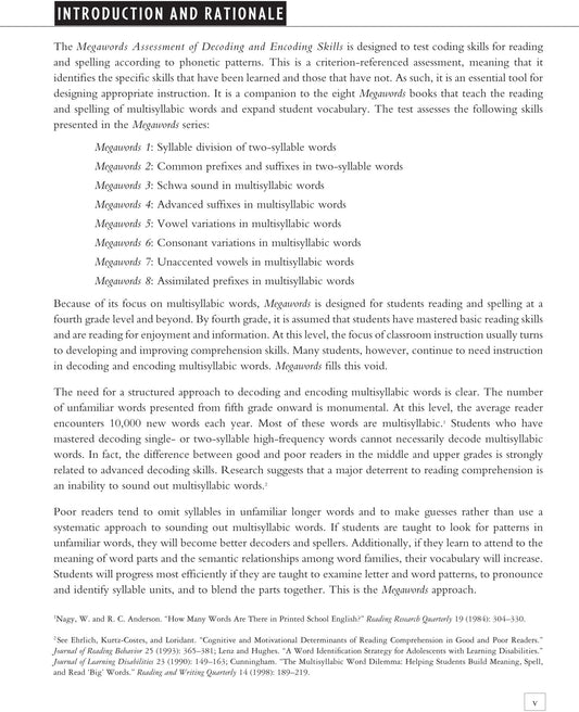 Megawords Assessment of Decoding and Encoding Skills (Grades 4-12)