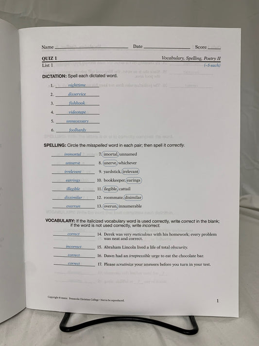 Abeka Vocabulary, Spelling, Poetry II (5th Ed.) Teacher Quiz Key