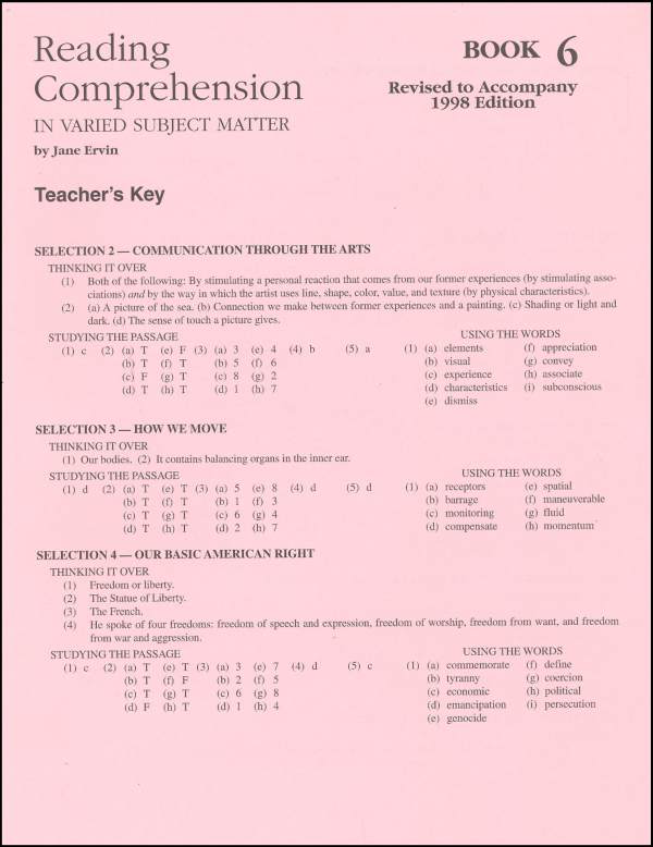 Reading Comprehension 6 - Answer Key - Grades 8