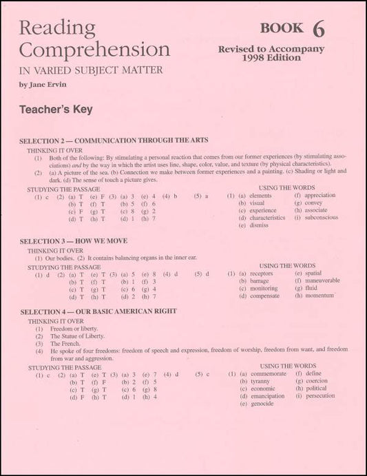 Reading Comprehension 6 - Answer Key - Grades 8