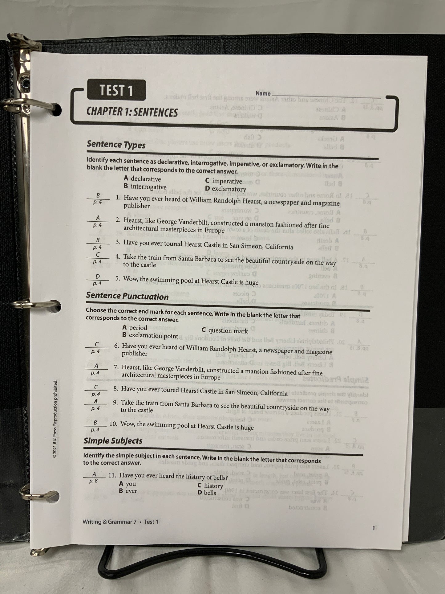 BJU Writing and Grammar 7 (4th Ed.) Assessments Answer Key