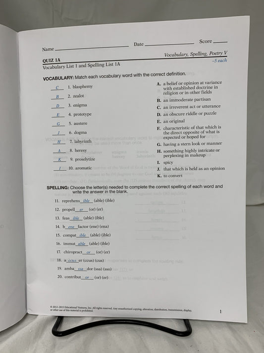 Abeka Vocabulary, Spelling, Poetry V (5th Ed.) Quiz Key
