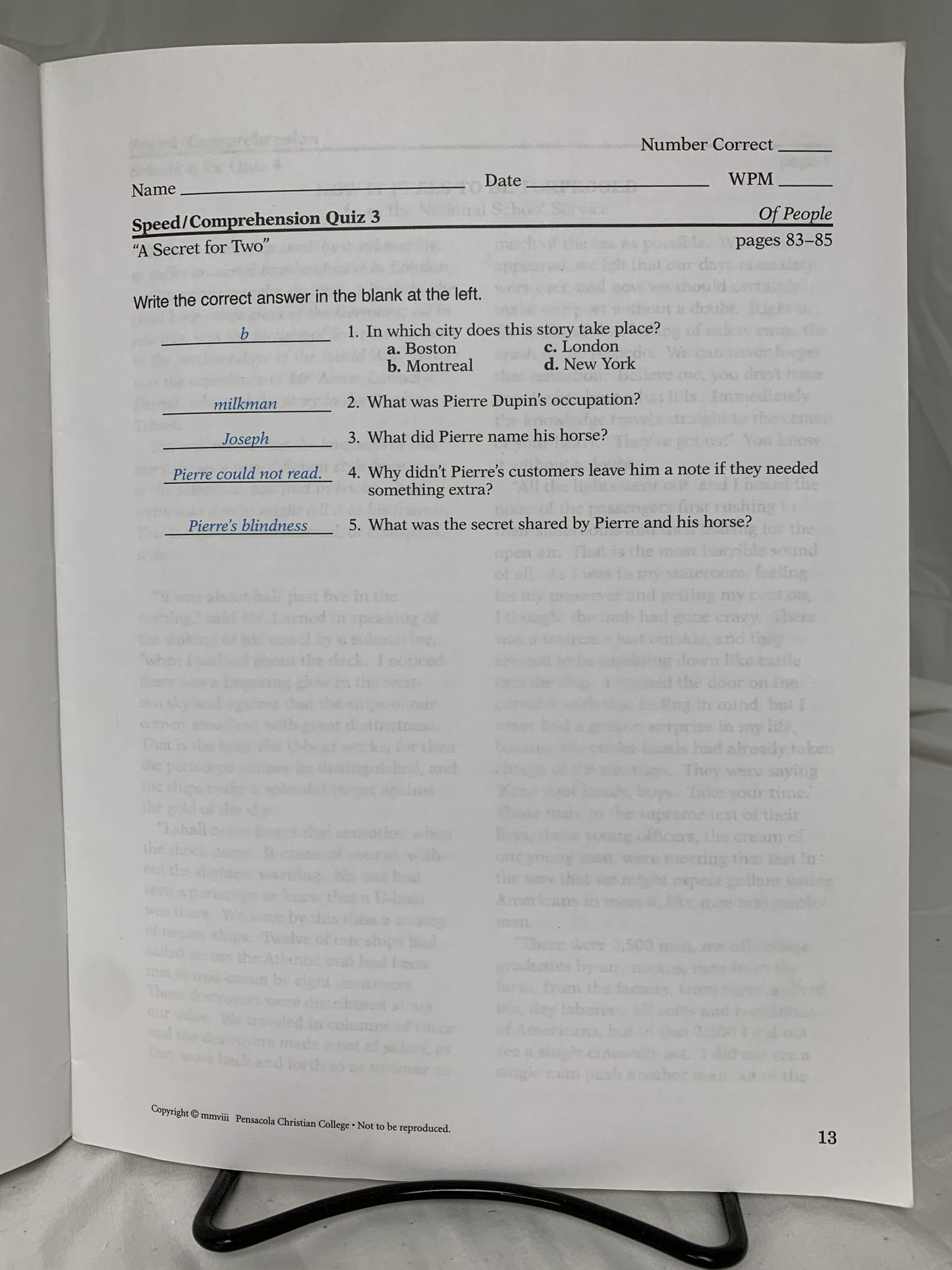 Abeka Of People Literature (4th Ed.) Teacher Quiz/Test Key