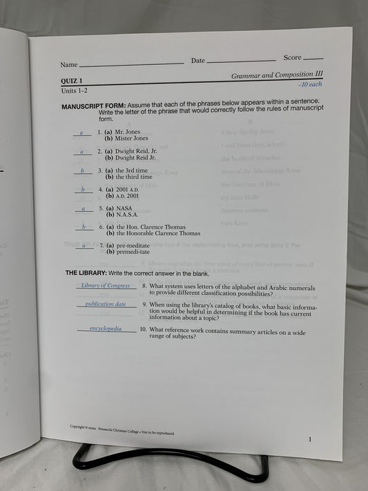 Abeka Grammar & Composition III (5th Ed.) Quiz/Test Key