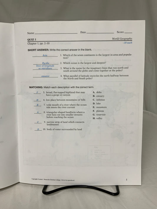 Abeka World Geography (2nd Ed.) Quiz/Test Key