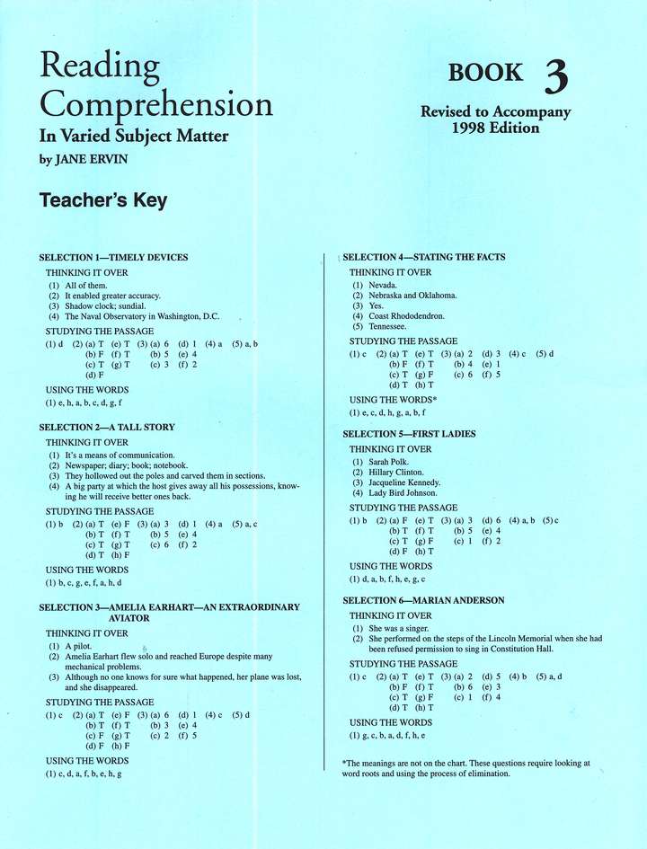 Reading Comprehension 3 - Answer Key - Grades 5