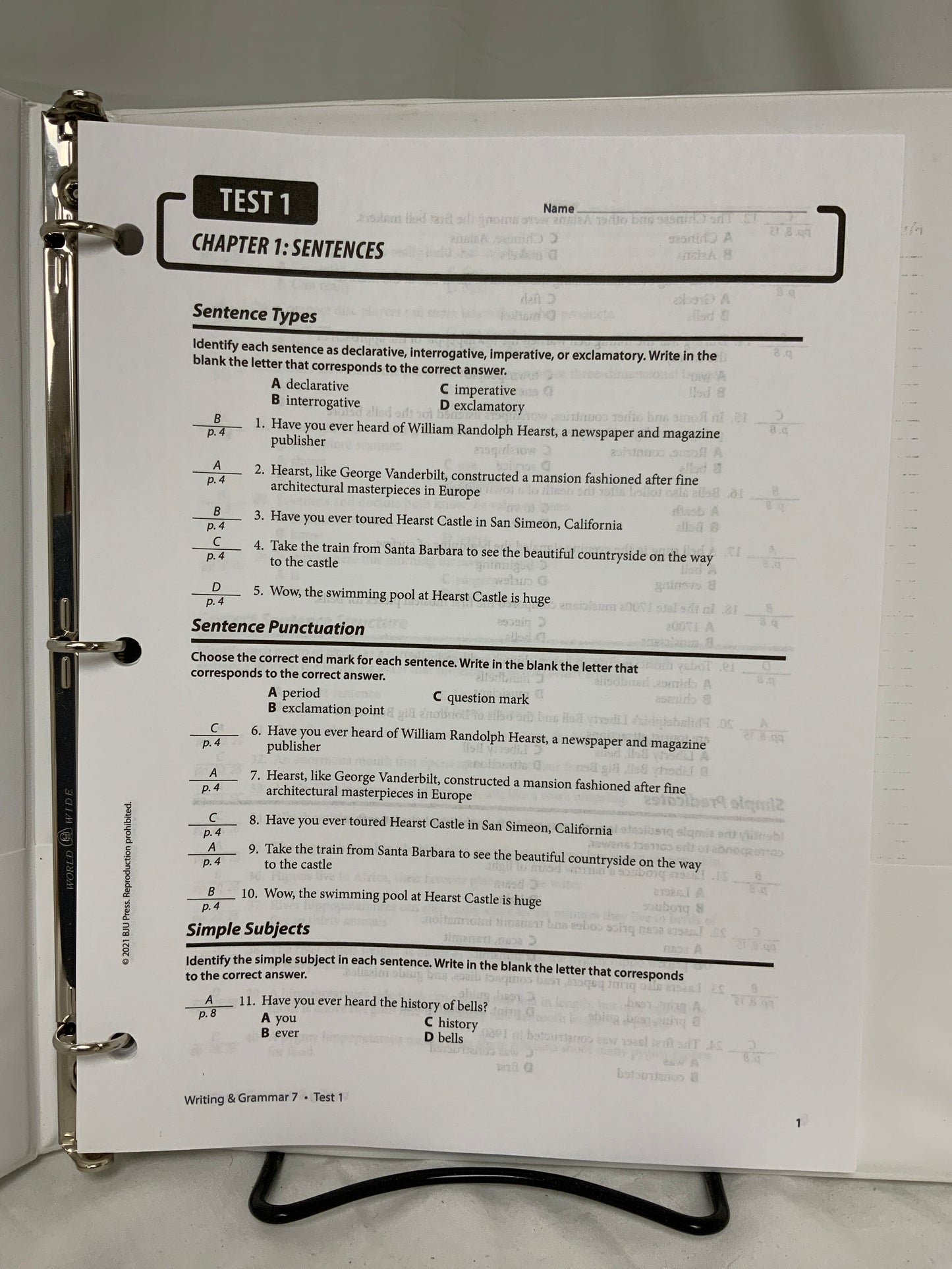 BJU Writing and Grammar 7 (4th Ed.) Assessments Answer Key