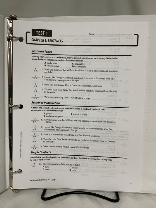 BJU Writing and Grammar 7 (4th Ed.) Assessments Answer Key