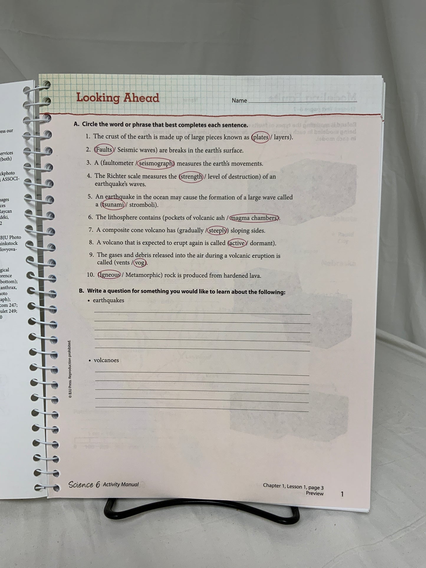 BJU Science 6 (4th Ed.) Activity Manual Answer Key