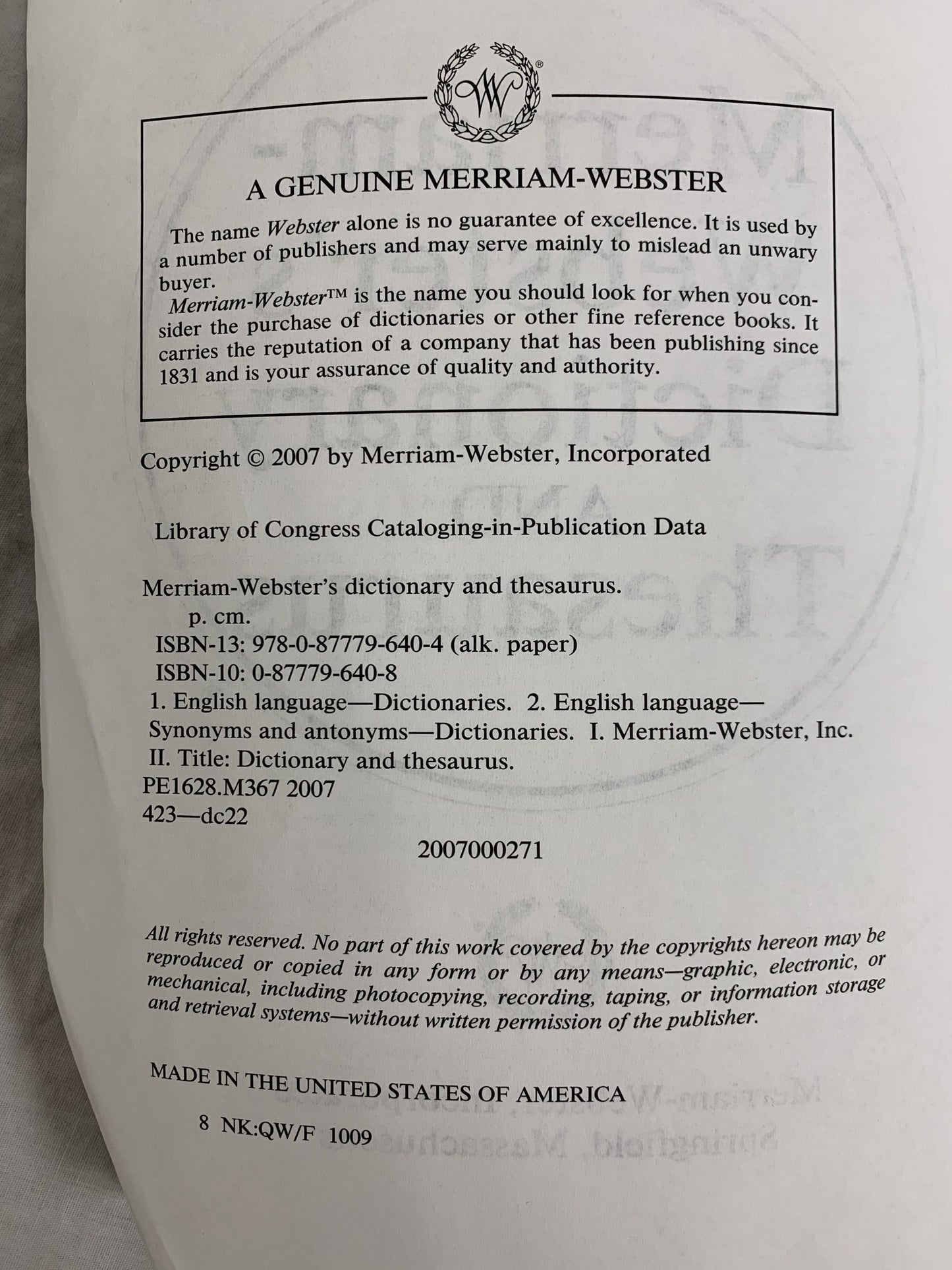Merriam Webster's Dictionary and Thesaurus