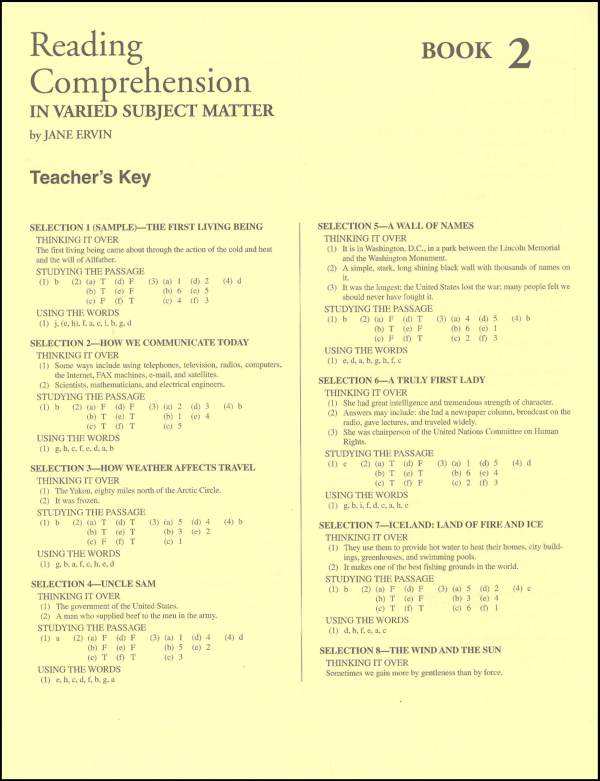 Reading Comprehension 2 - Answer Key - Grades 4