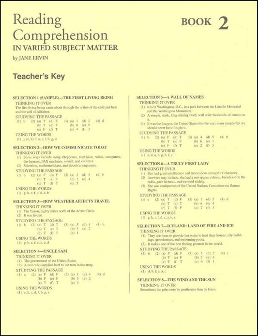 Reading Comprehension 2 - Answer Key - Grades 4