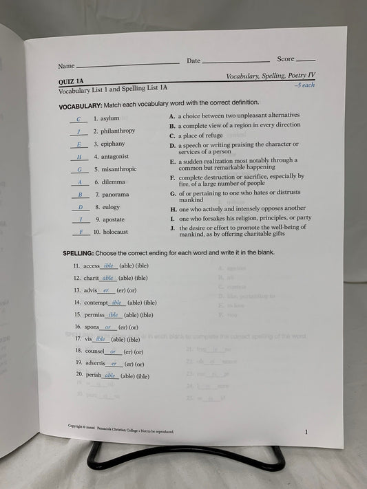 Abeka Vocabulary, Spelling, Poetry IV (5th Ed.) Quiz Key