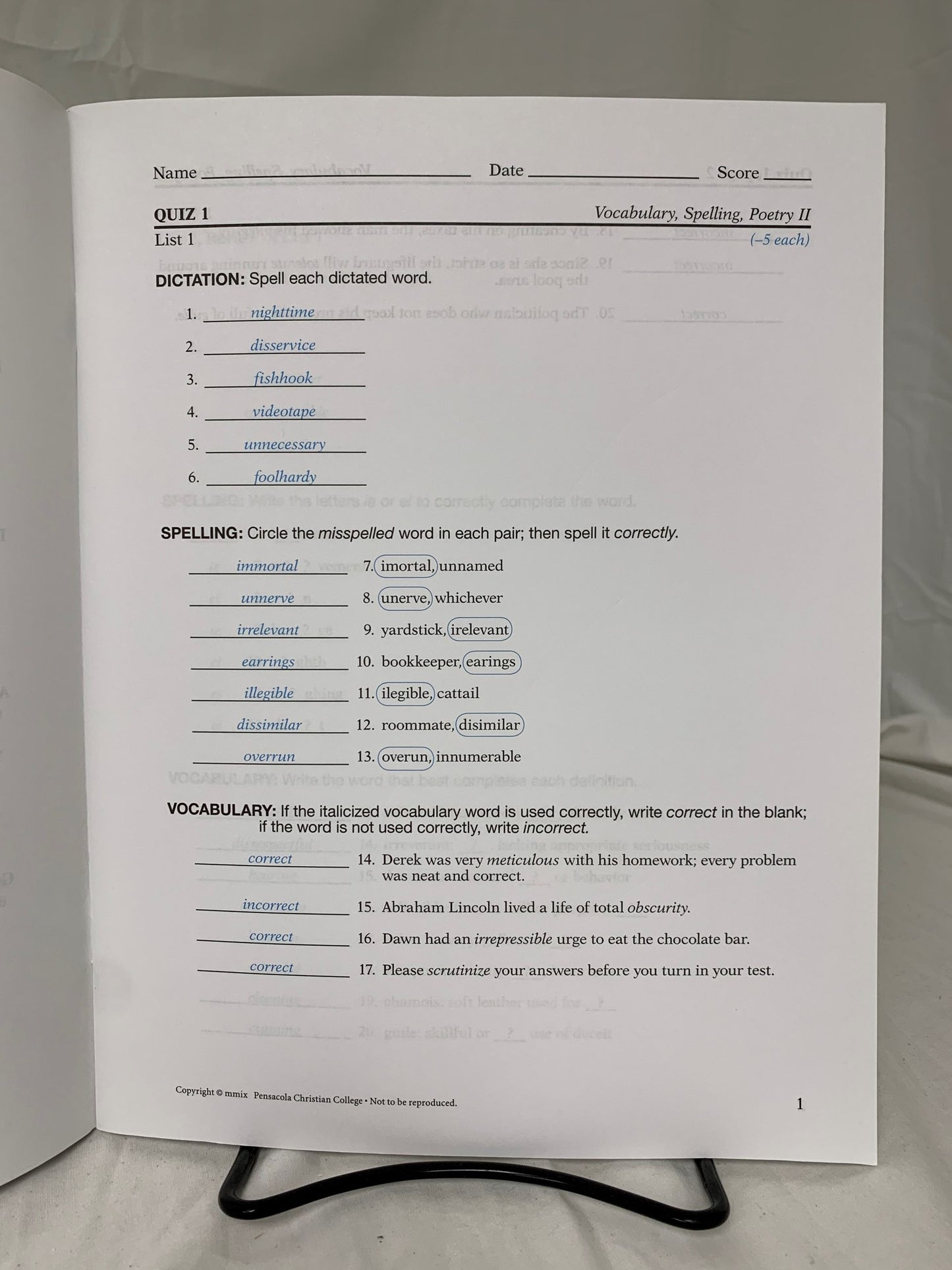 Abeka Vocabulary, Spelling, Poetry II (5th Ed.) Teacher Quiz Key
