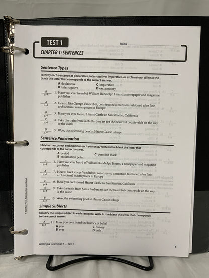BJU Writing and Grammar 7 (4th Ed.) Assessments Answer Key