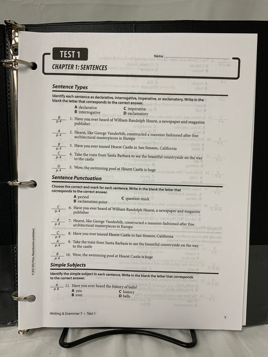 BJU Writing and Grammar 7 (4th Ed.) Assessments Answer Key