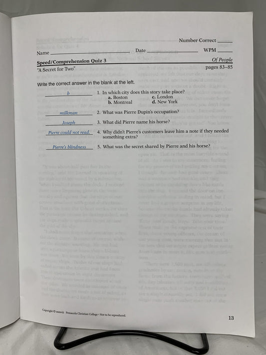 Abeka Of People Literature (4th Ed.) Teacher Quiz/Test Key
