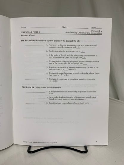 Abeka Workbook V for Handbook of Grammar & Composition (4th Ed.) Set of 4