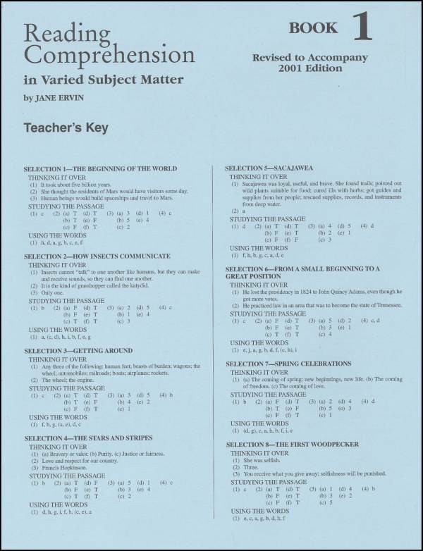 Reading Comprehension 1 - Answer Key - Grades 3