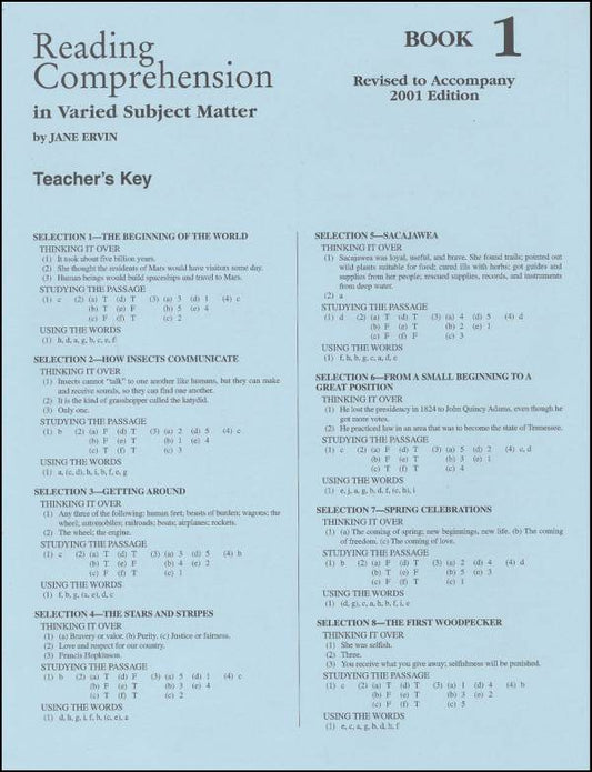 Reading Comprehension 1 - Answer Key - Grades 3