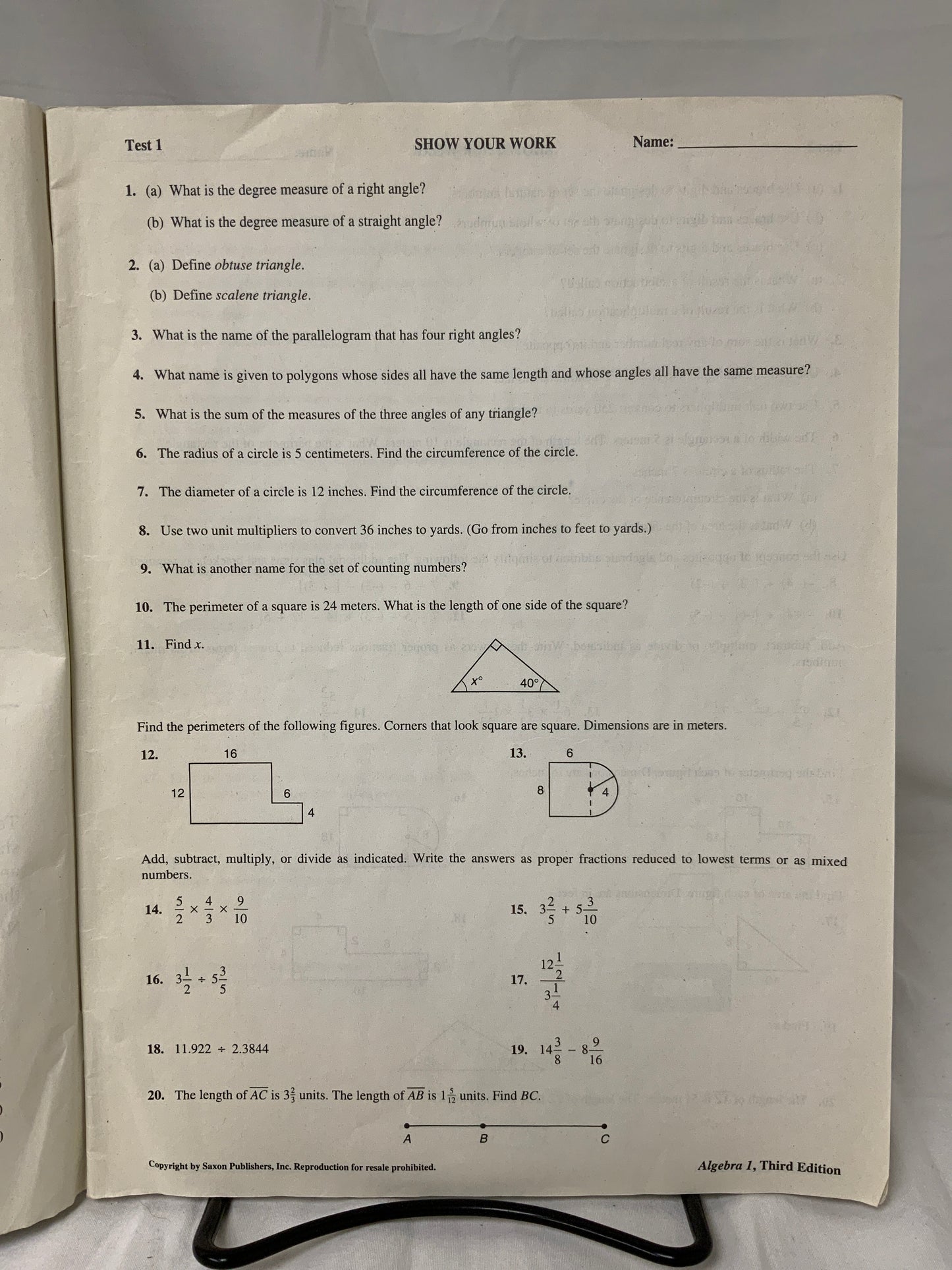 Saxon Algebra 1 (3rd Ed.) Test Forms