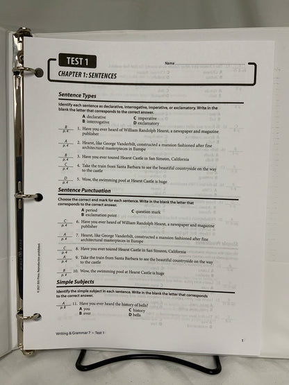 BJU Writing and Grammar 7 (4th Ed.) Assessments Answer Key