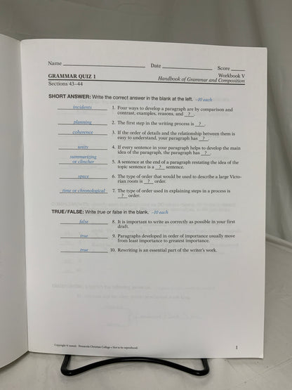 Abeka Workbook V for Handbook of Grammar & Composition (4th Ed.) Set of 4