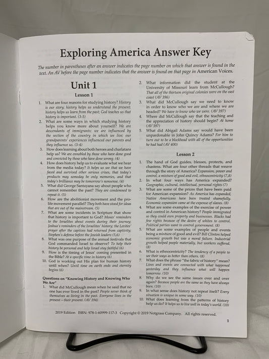 Exploring America (2019 Edition) Answer Key