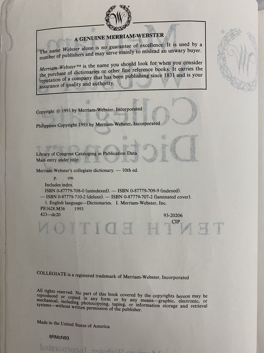 Merriam Webster's Collegiate Dictionary Tenth Edition